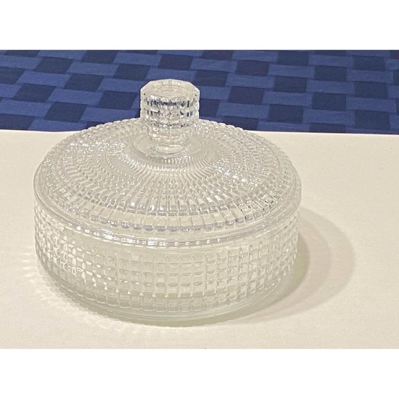 Vintage Clear Round Glass Powder Dish Block Optic Style Pattern Candy Dish - Picture 1 of 10